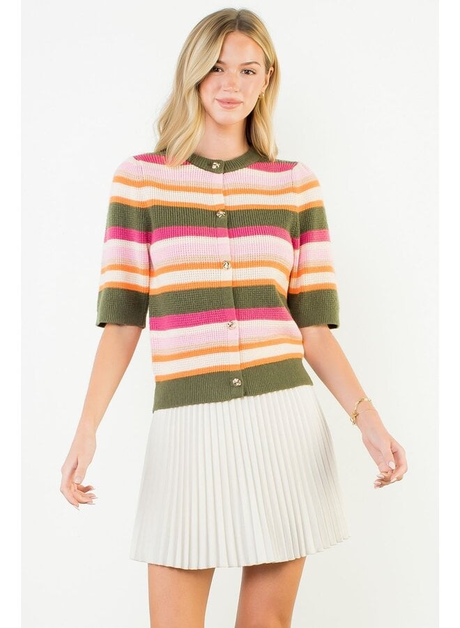 Short Sleeve Multi Color Knit Top Olive