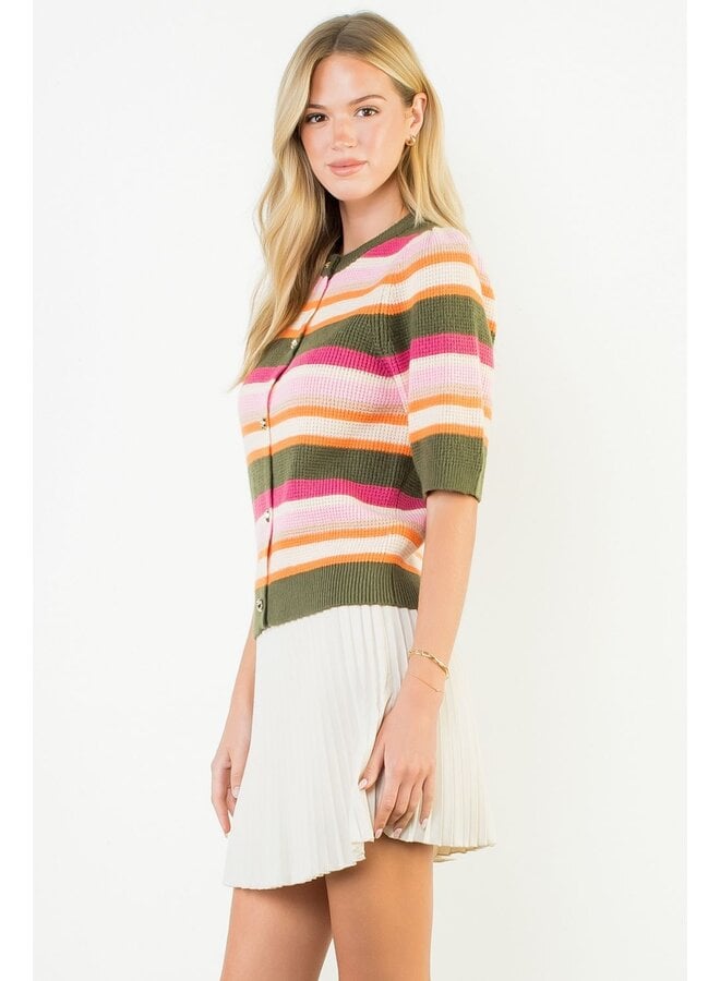 Short Sleeve Multi Color Knit Top Olive
