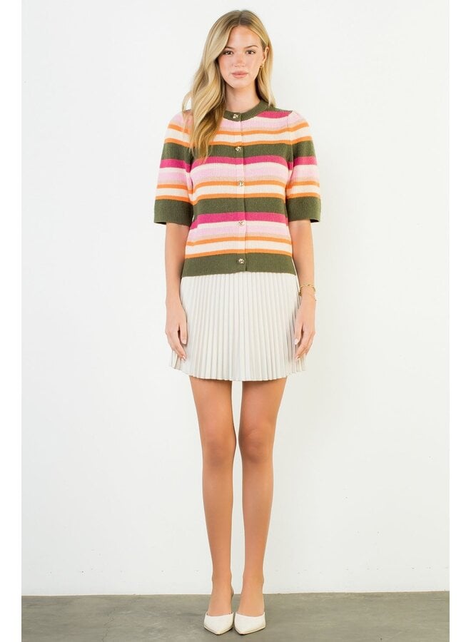 Short Sleeve Multi Color Knit Top Olive