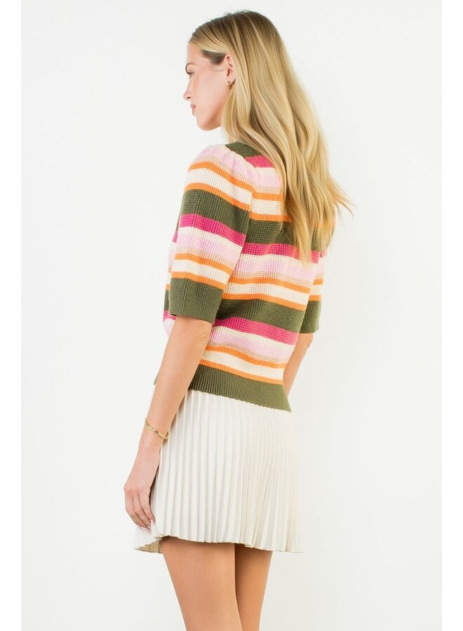 Short Sleeve Multi Color Knit Top Olive