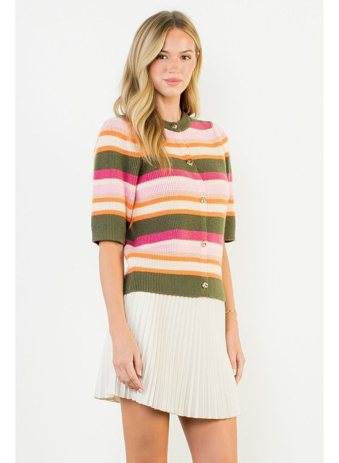 Short Sleeve Multi Color Knit Top Olive