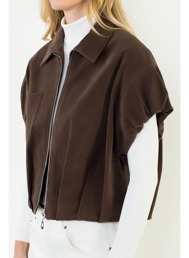Sleeveless Suede Zip Jacket Brown