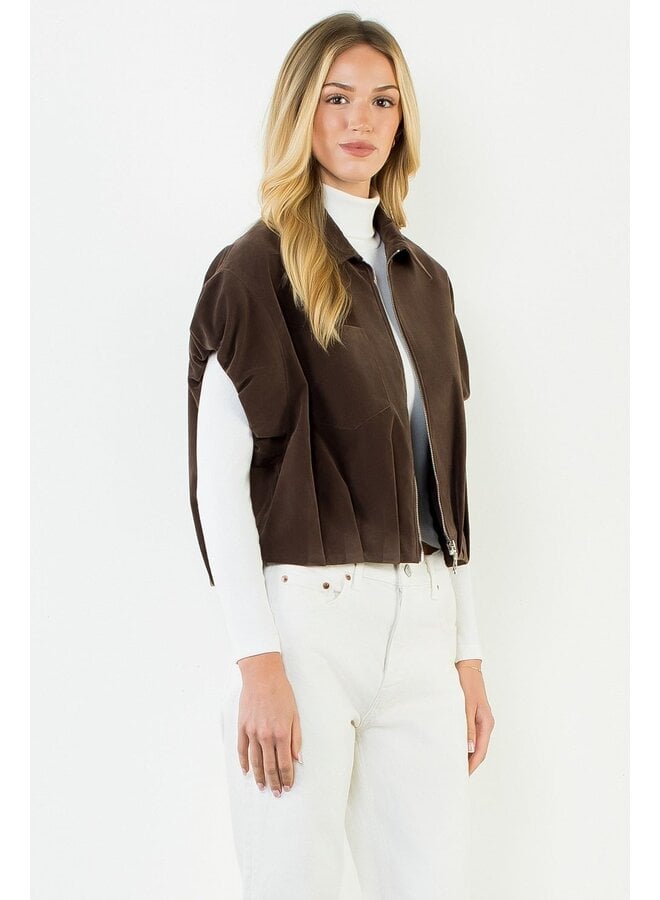 Sleeveless Suede Zip Jacket Brown