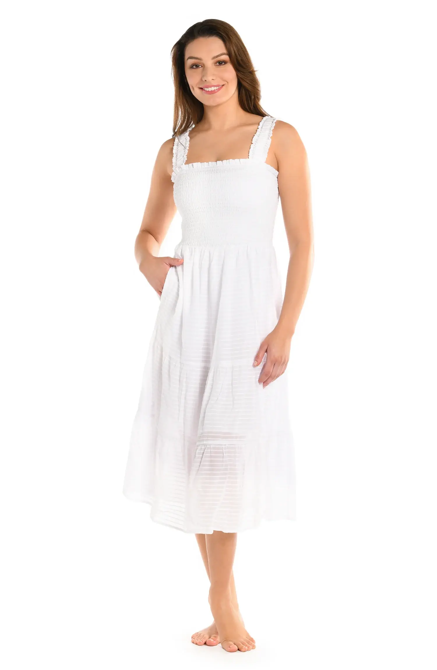 Shadow Smocked Midi Cover Up LB4BL34 White - Lace & Day