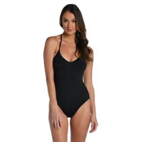 La Blanca Island Goddess Halter Strap Back One Piece Black
