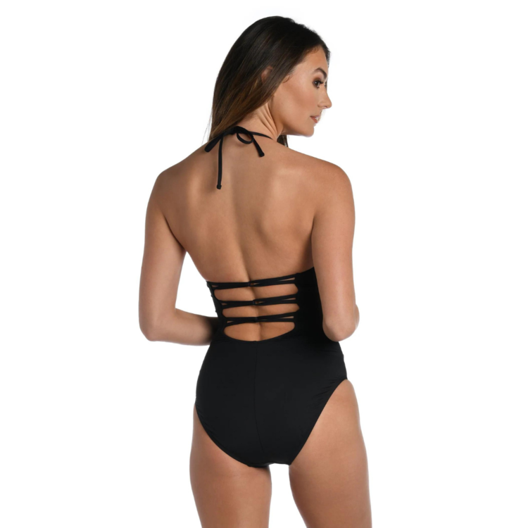 La Blanca Island Goddess Halter Strap Back One Piece Black