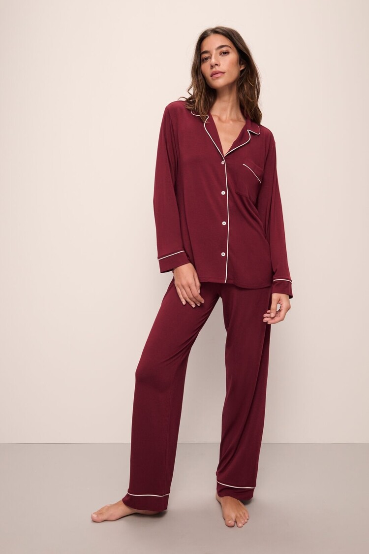 Eberjey Gisele Long Sleeve Long Pant PJ Set - Cabernet/Ivory