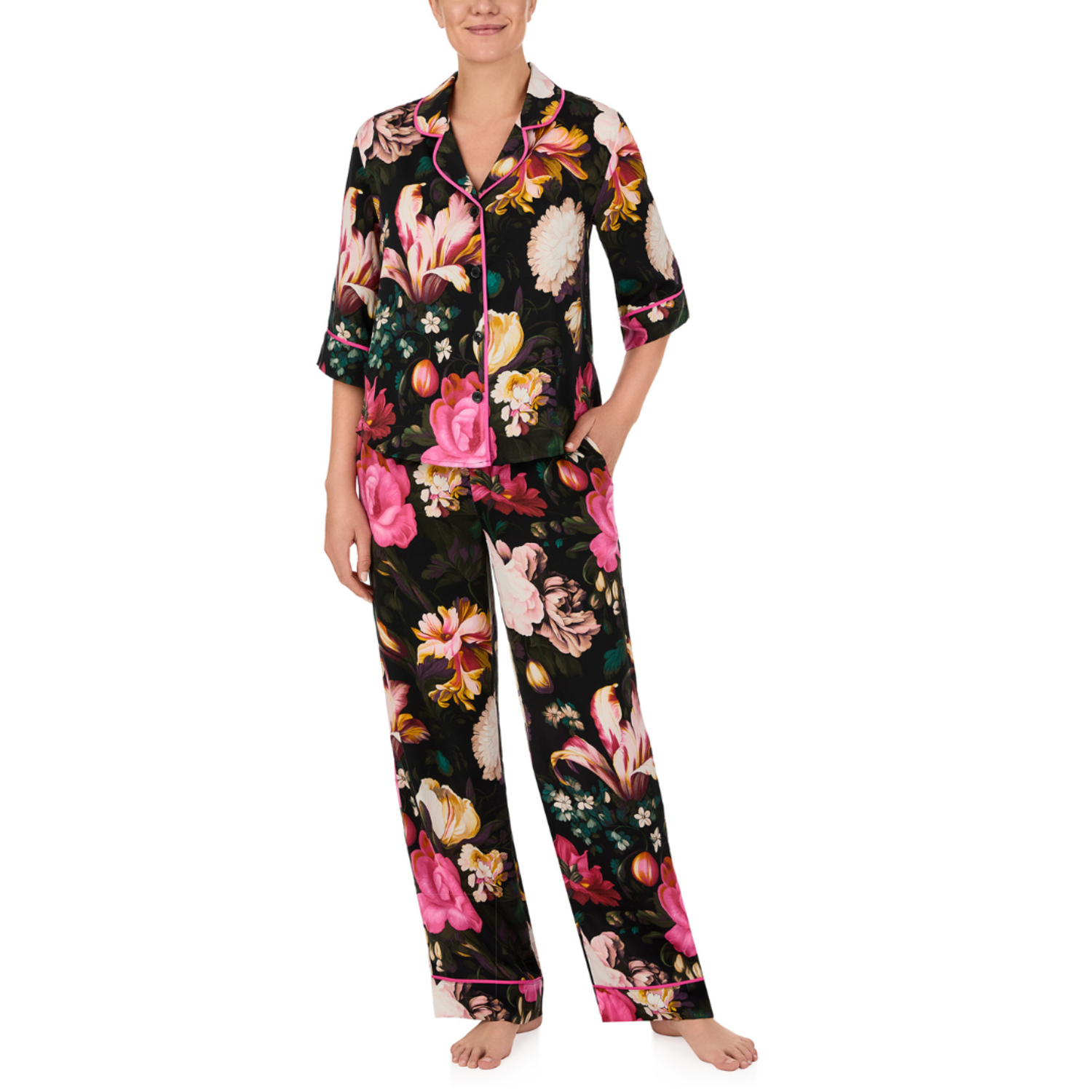 Women's Satin Floral Print Pajama Set - Lightweight & Soft Viscose PJs - Button Top & Elastic Waist Pants
