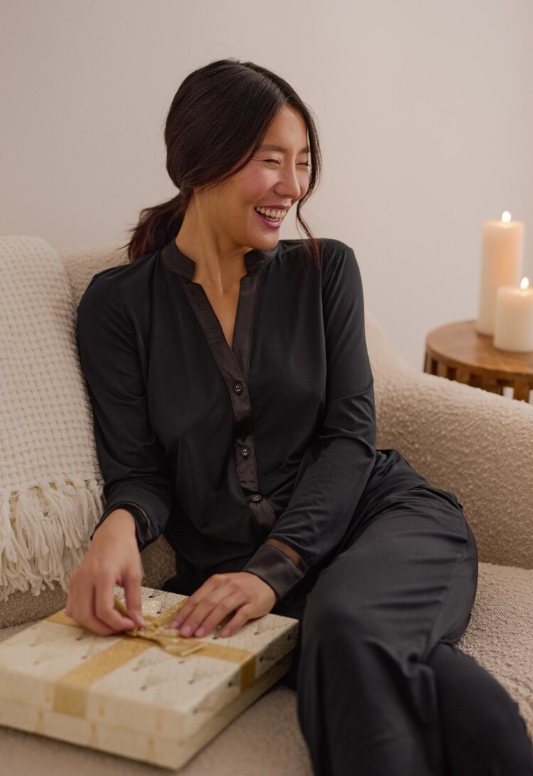 Fleur't Tuxedo Long Sleeve/Long Pant PJ Set - Black