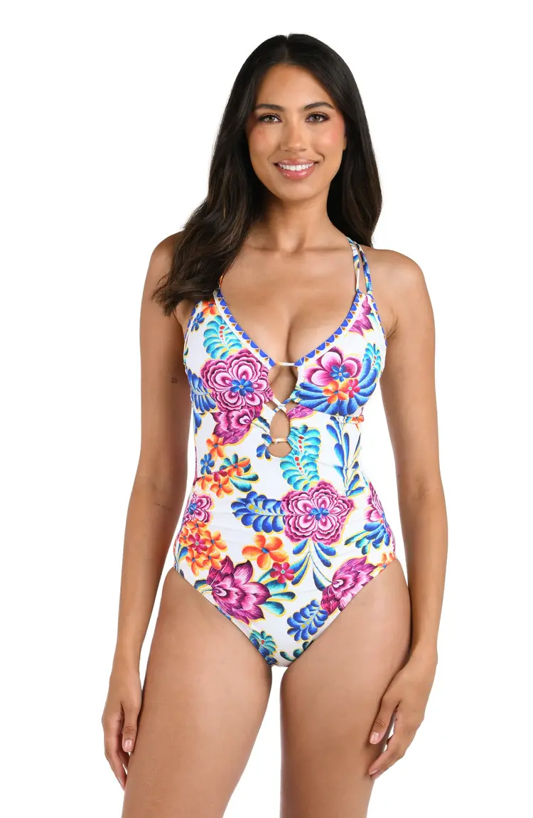 La Blanca Paradiso Lace Up One Piece - White Floral