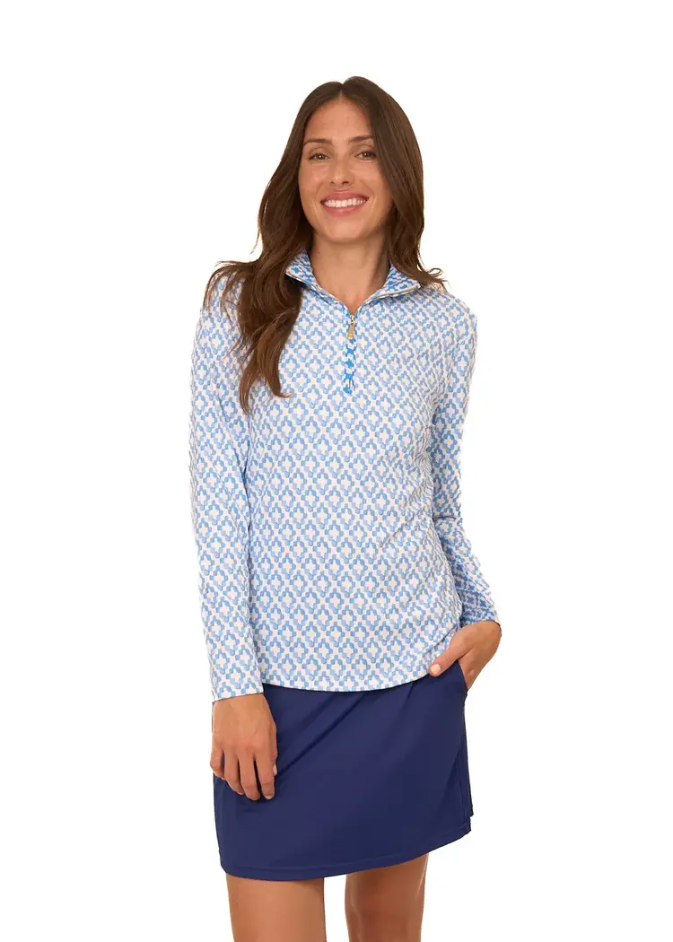 Cabana Life Seaside Perf. 1/4 Zip Top - Blue/White Print