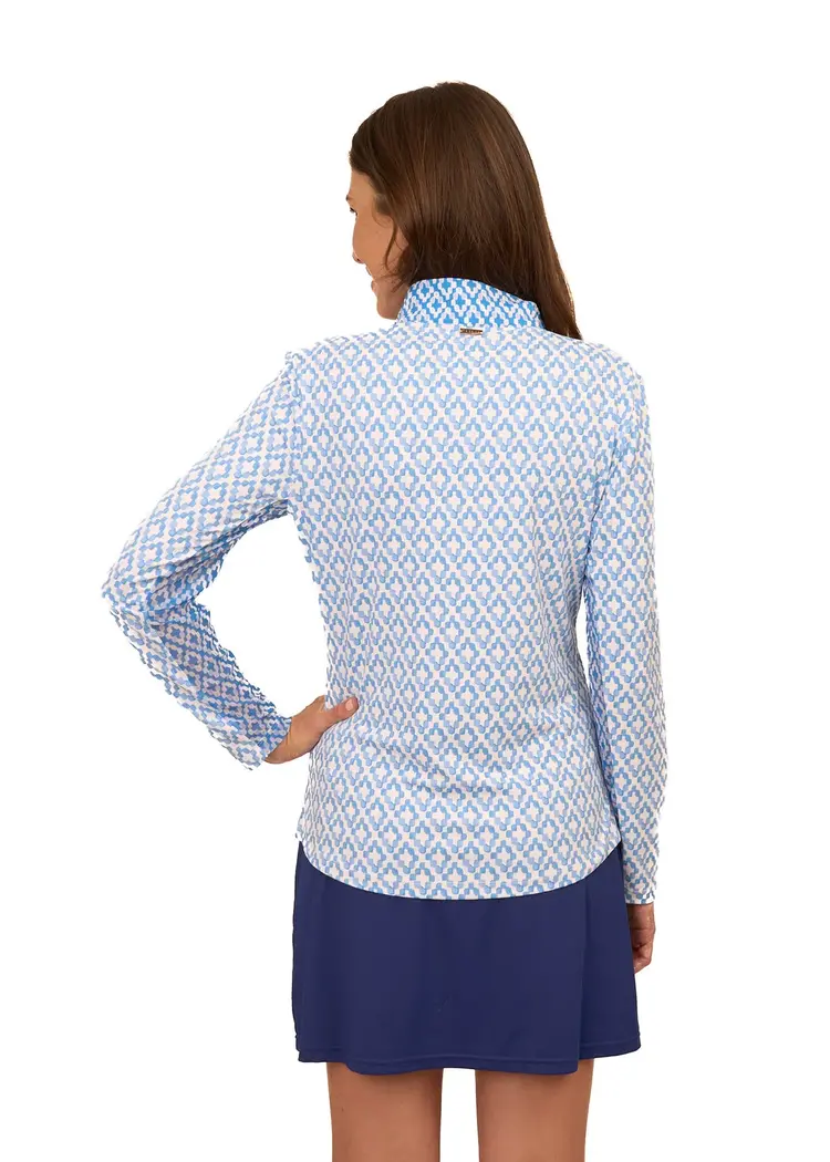 Cabana Life Seaside Perf. 1/4 Zip Top - Blue/White Print