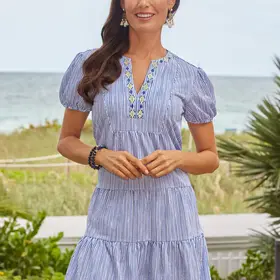 Cabana Life Seaside Puff Sleeve Tiered Dress - Blue/Wht Strp