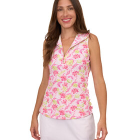 Cabana Life Pique 1/4 Zip Sleeveless Top - Pink/Green