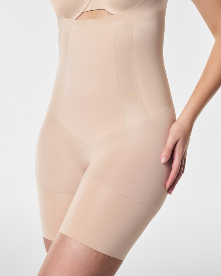 Spanx Oncore Open Bust Mid-Thigh Bodysuit - Soft Beige
