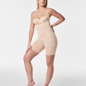 Spanx Oncore Open Bust Mid-Thigh Bodysuit - Soft Beige