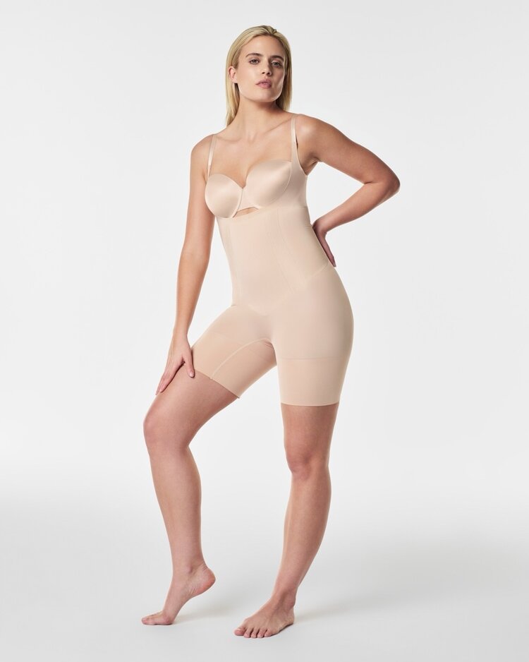 Spanx Oncore Open Bust Mid-Thigh Bodysuit - Soft Beige