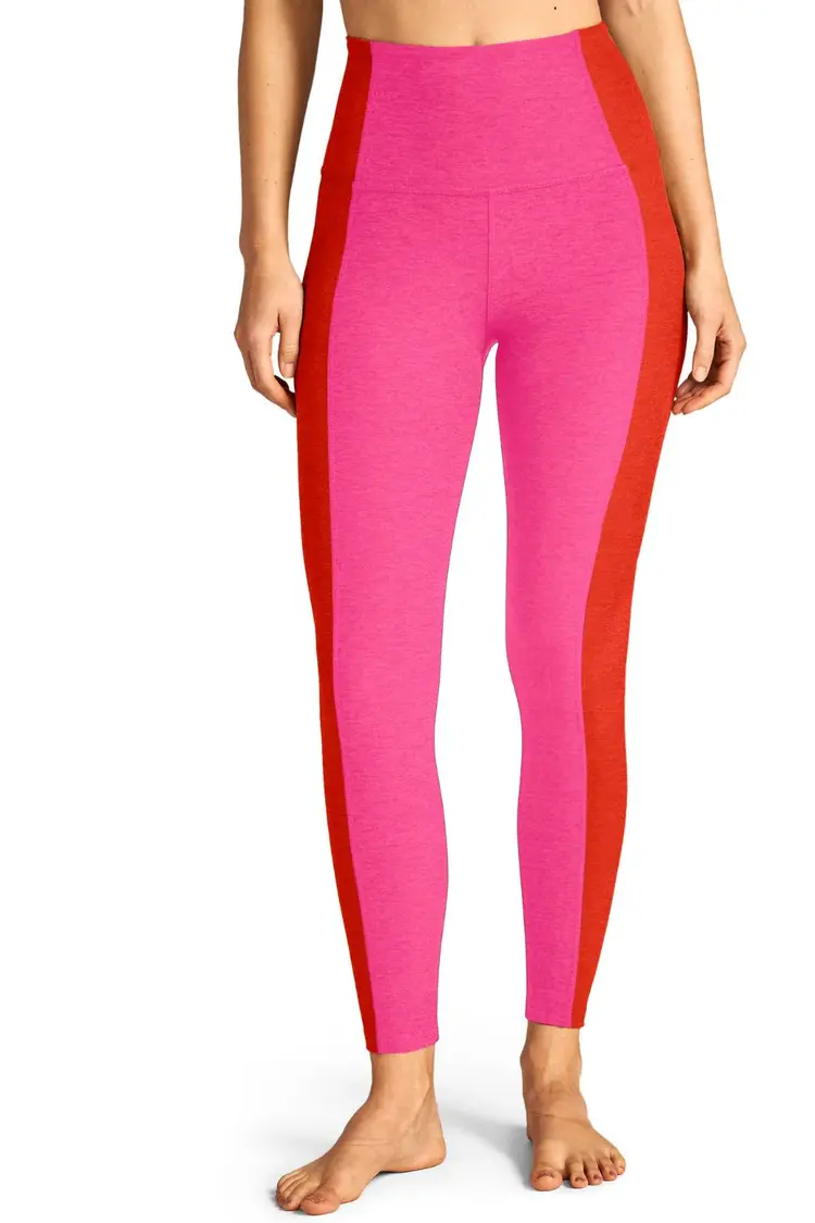 Beyond Yoga Spacedye Color Block High Waist Midi Legging - Pink Punch/Firecracker Red