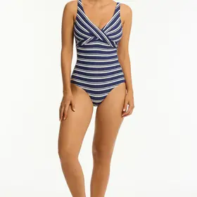 Sea Level Biarritz Cross Front Swimsuit - French Navy Stripe