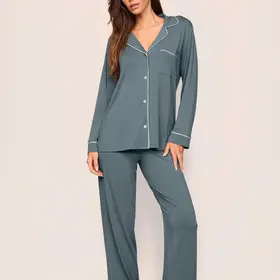 Eberjey Gisele Long Pant PJ Set - Stone Blue/Ivory STIV