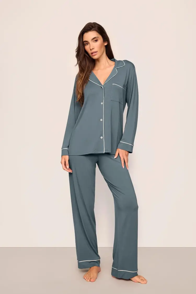 Eberjey Gisele Long Pant PJ Set - Stone Blue/Ivory STIV