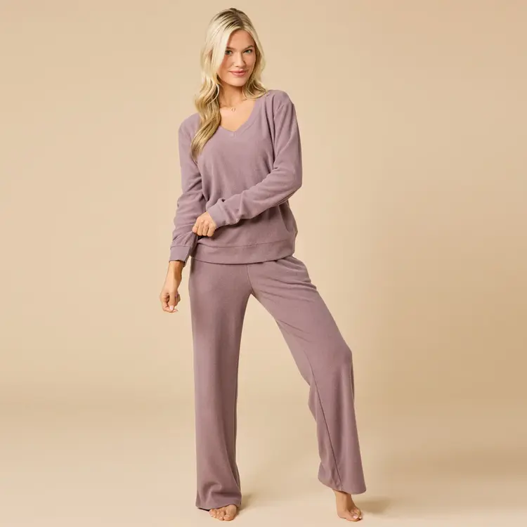 Softies Vintage Velvet V-Neck Wide Leg Lounge Set - Driftwood