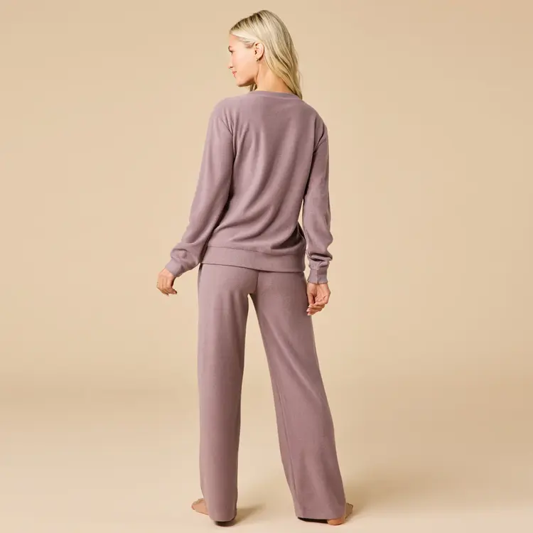 Softies Vintage Velvet V-Neck Wide Leg Lounge Set - Driftwood