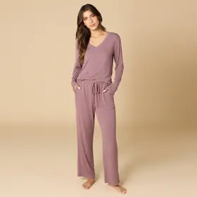 Softies Natalie V-Neck Long Pant PJ Set - Driftwood