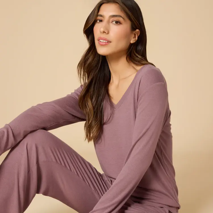 Softies Natalie V-Neck Long Pant PJ Set - Driftwood