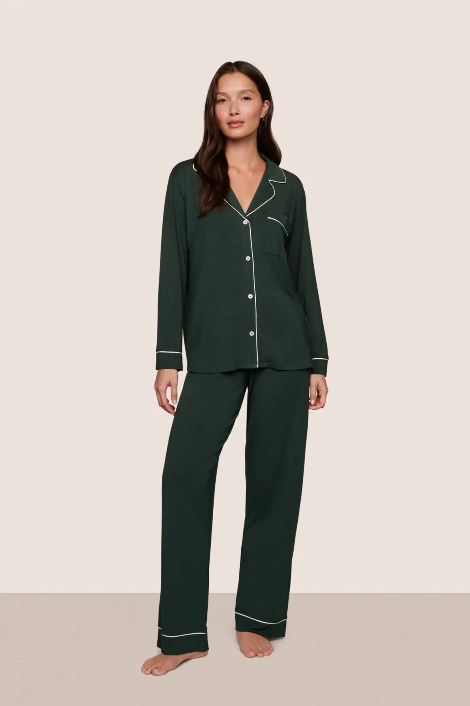 L/S Long Pant PJ Set PJ1018 Pine/Ivory - Lace & Day