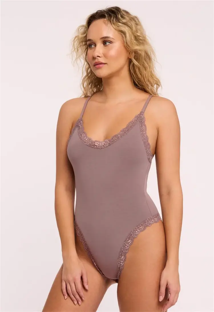 Fleur't Lace Trim Thong Bodysuit - Cappuccino