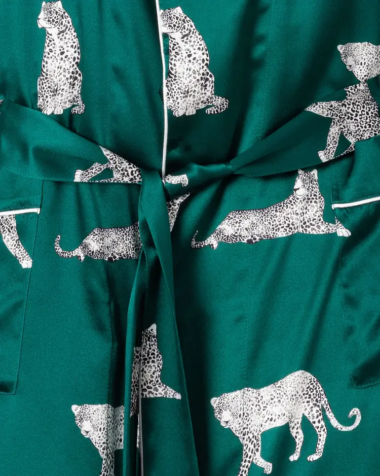 Petite Plume Mulberry Silk Long Robe - Green Panthere de Luxe