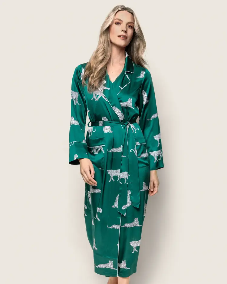 Petite Plume Mulberry Silk Long Robe - Green Panthere de Luxe