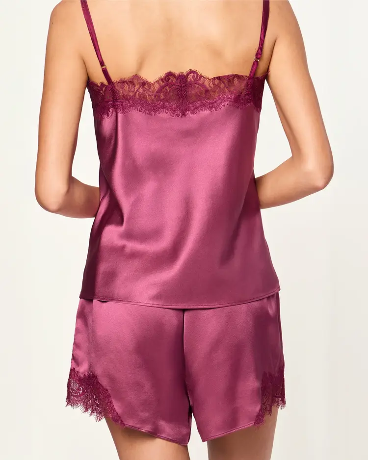 Petite Plume Silk Lace-Trim Cami Short Set - Rosewood