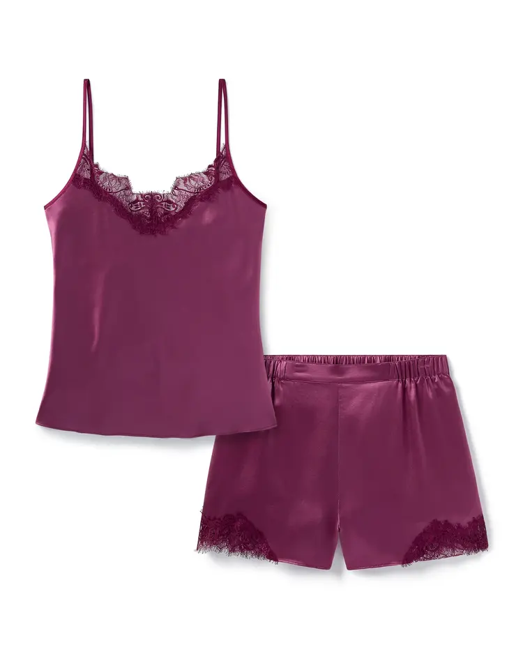 Petite Plume Silk Lace-Trim Cami Short Set - Rosewood