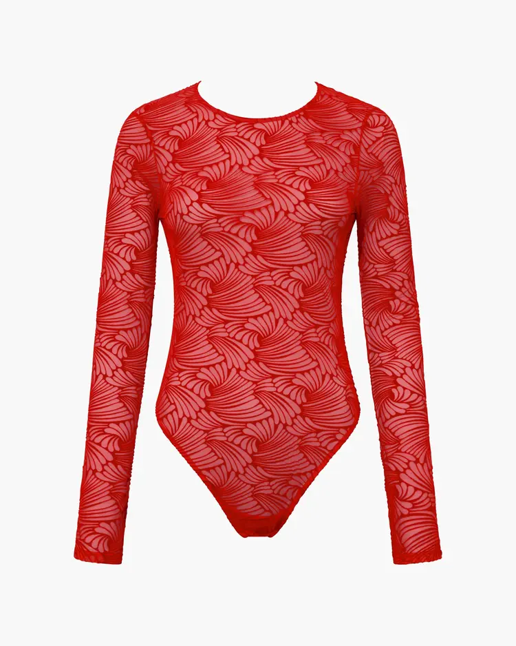 Cosabella Clancy Long Sleeve Flocked Bodysuit - Red