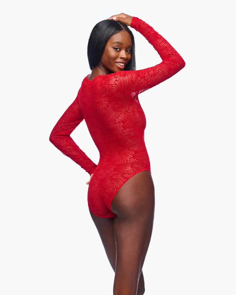 Cosabella Clancy Long Sleeve Flocked Bodysuit - Red