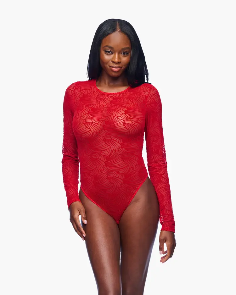 Cosabella Clancy Long Sleeve Flocked Bodysuit - Red