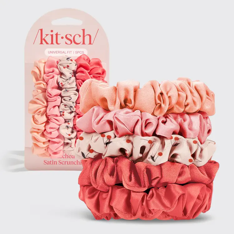 Kitsch Satin Ruched Scrunchies 5pc Set - Cherry Blossom