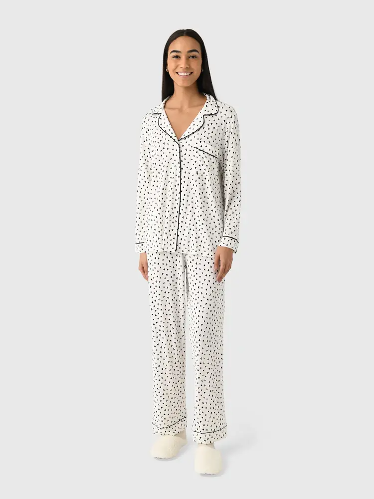 Eberjey Printed Long Pant L/S PJ Set - Heart Print Black