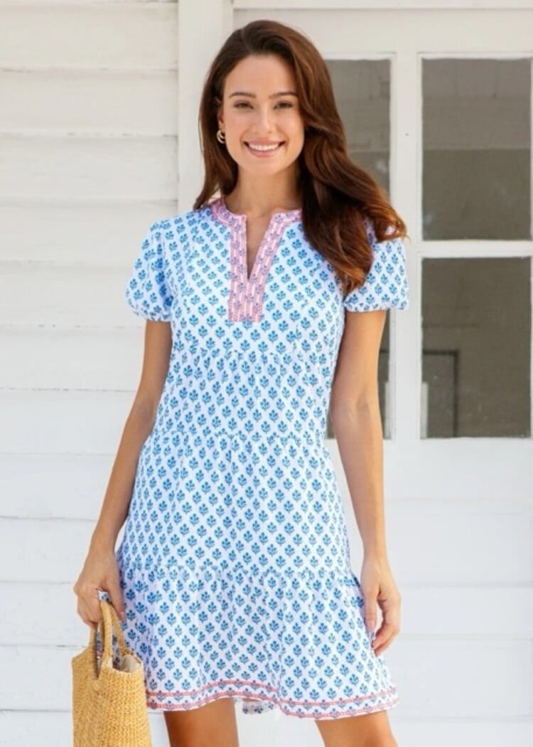Cabana Life Harbor Island Puff Sleeve Tiered Dress - White/Blue