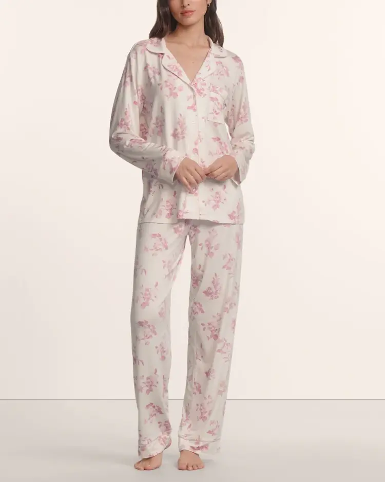 Eberjey Long Pant L/S PJ Set - Rose Garden Cameo