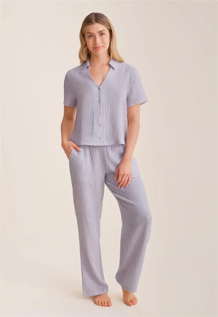 Fleur't Cotton Gauze Pajama Set - Lavender Coastal Stripe