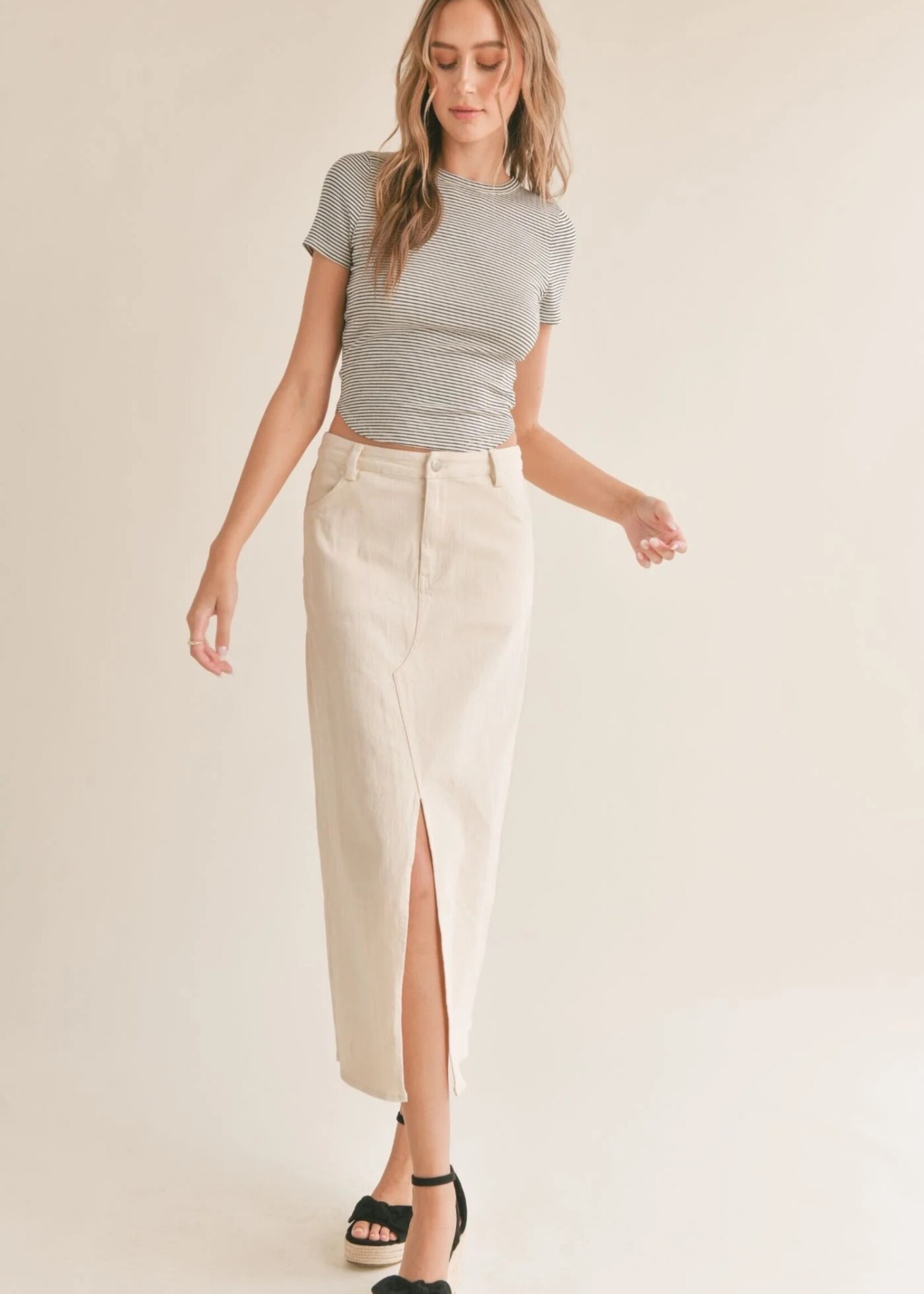 Chambray & Camo: Sleeveless denim top, Pencil skirt & Beige details } -  Meagan's Moda
