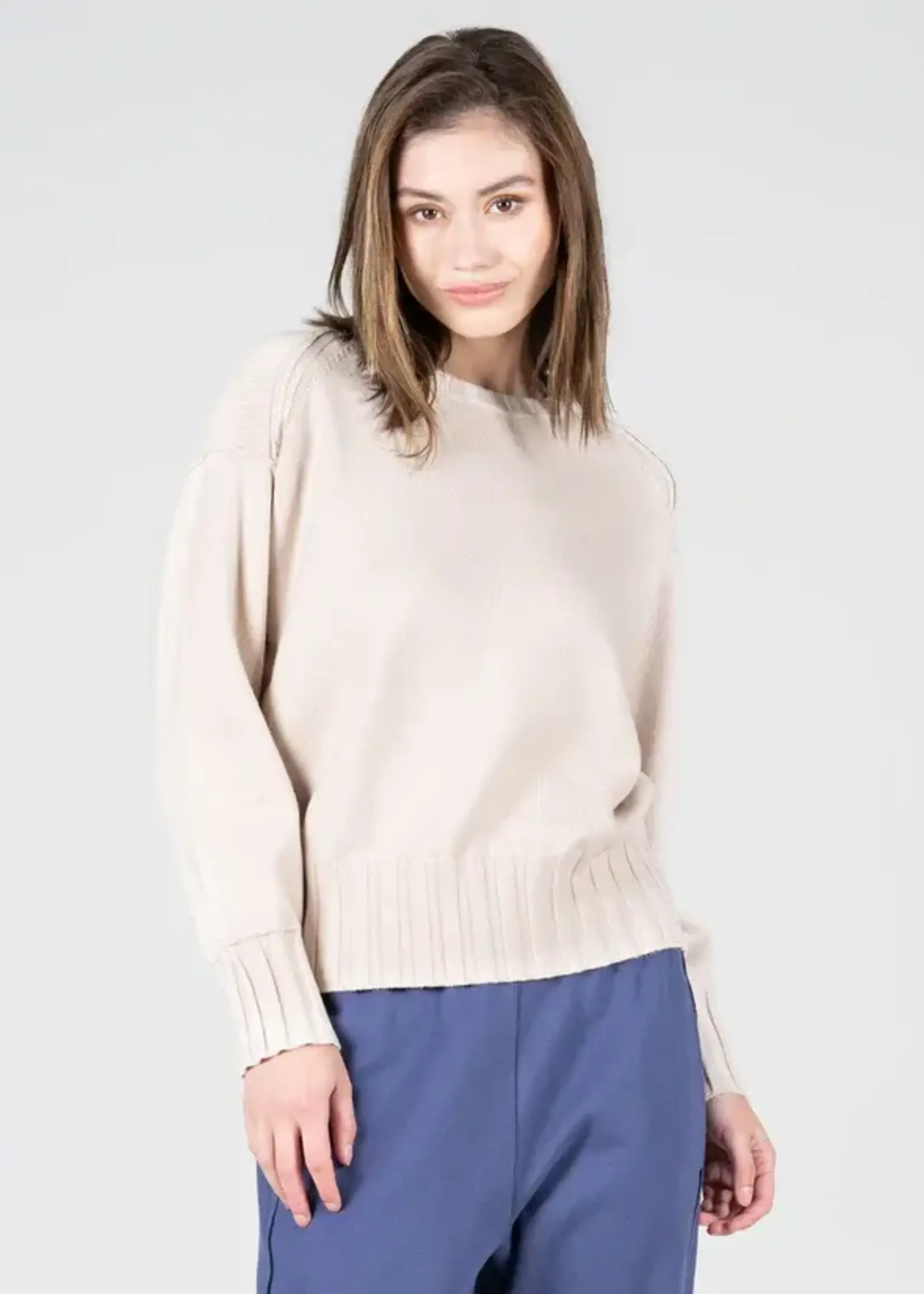 C'est Moi Clothing Viscose Blend Knit Rib Detail Crew Sweater