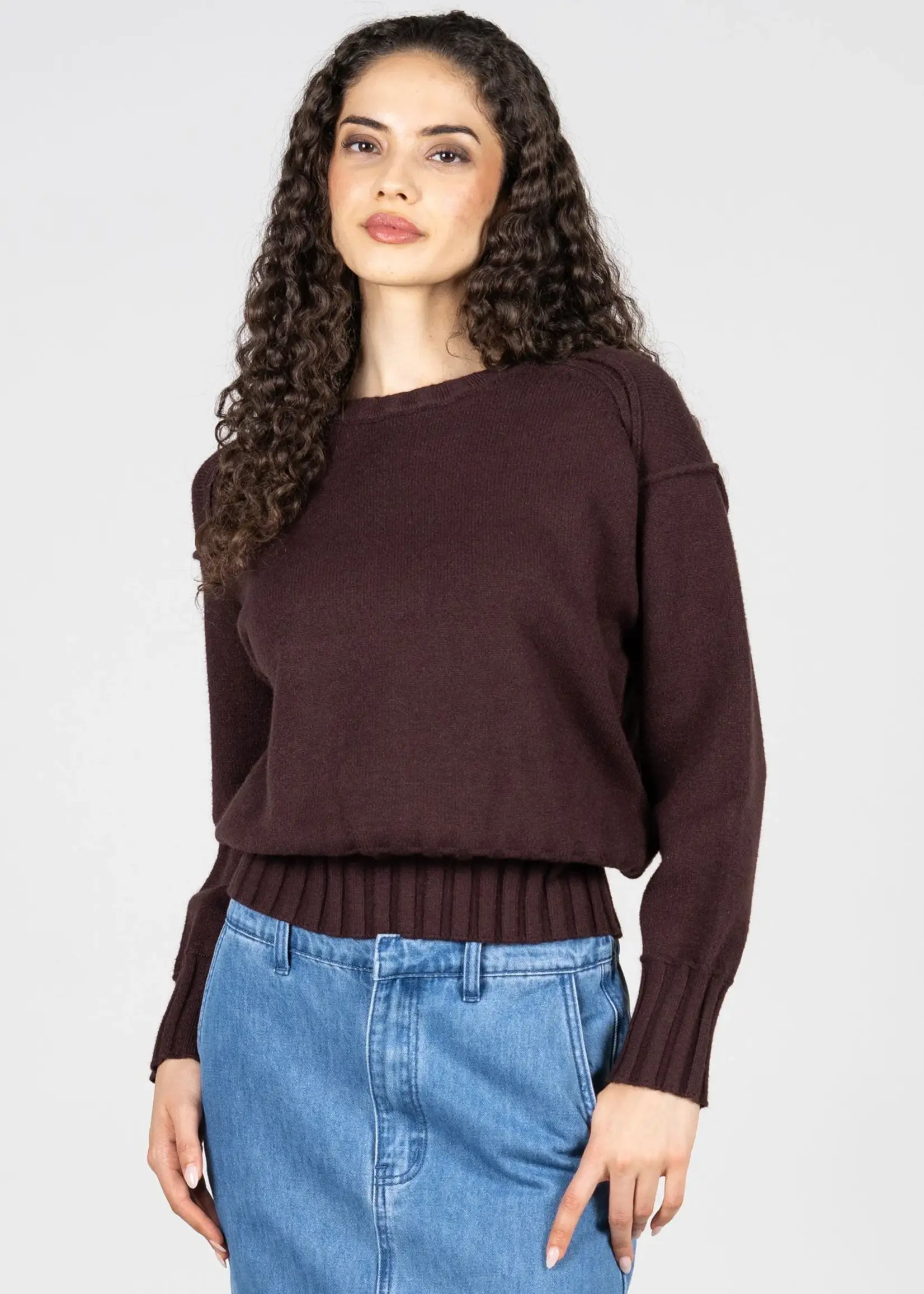 C'est Moi Clothing Viscose Blend Knit Rib Detail Crew Sweater