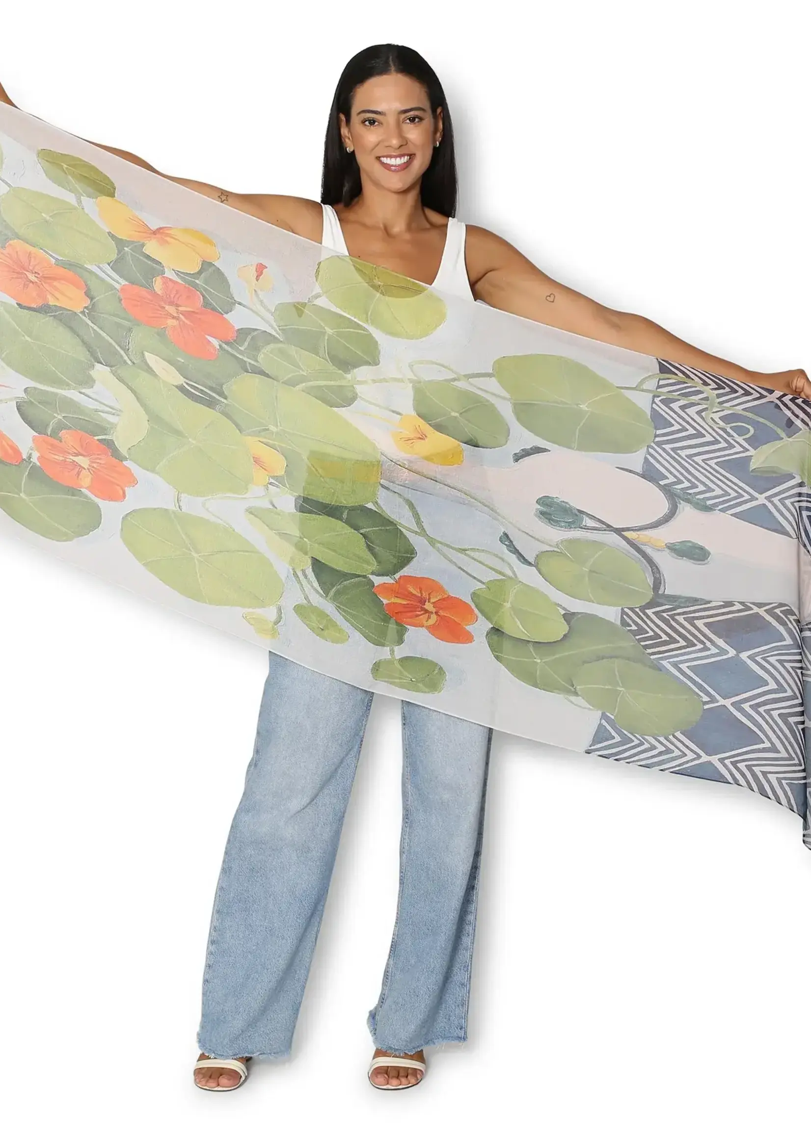 The Artist Label Spring Nasturtiums on Arctic B Viscose-Modal Scarf