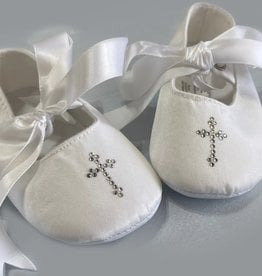 White Satin shoes w/swarovski crystal cross