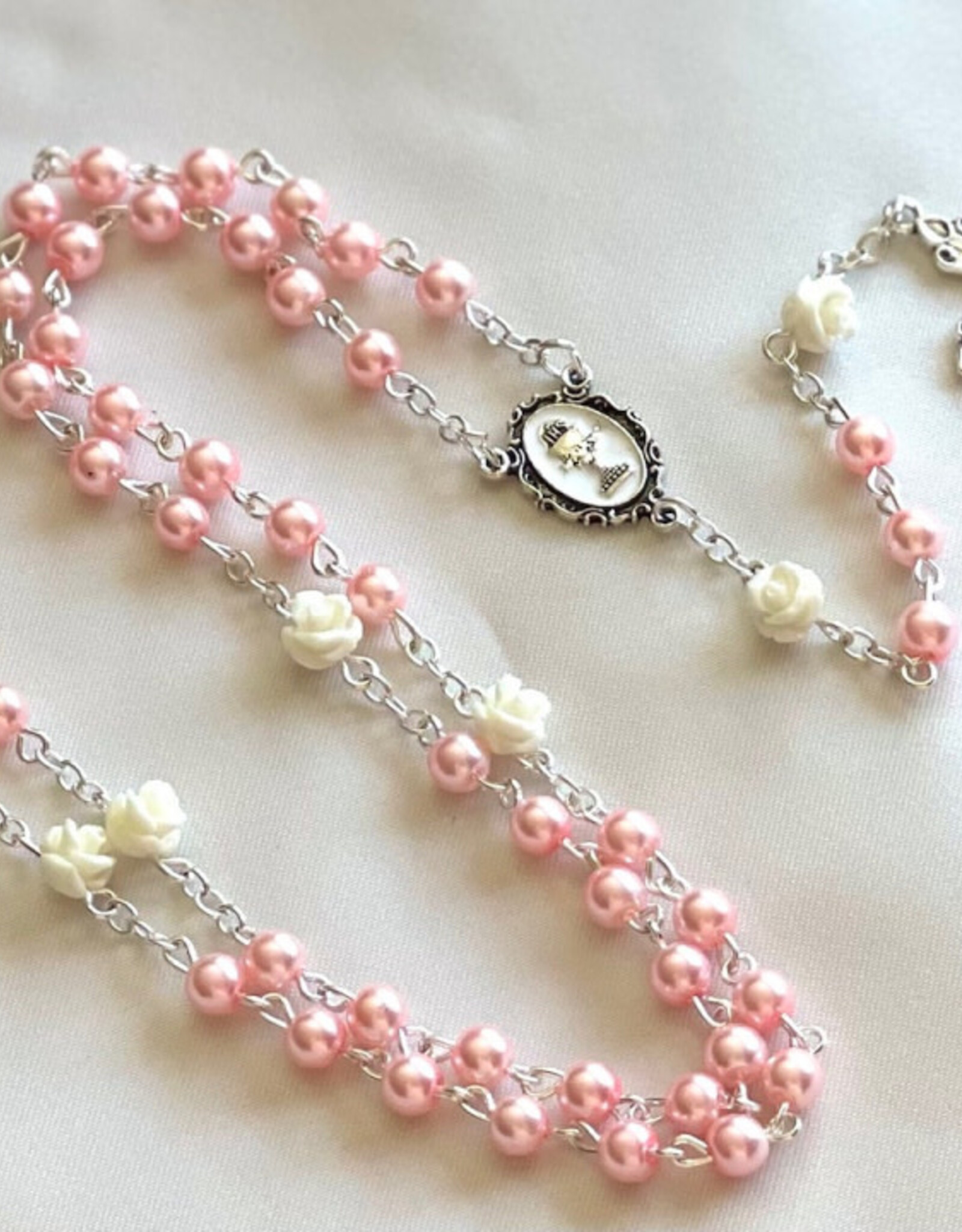 Pink Pearl Rosary w/white flowers