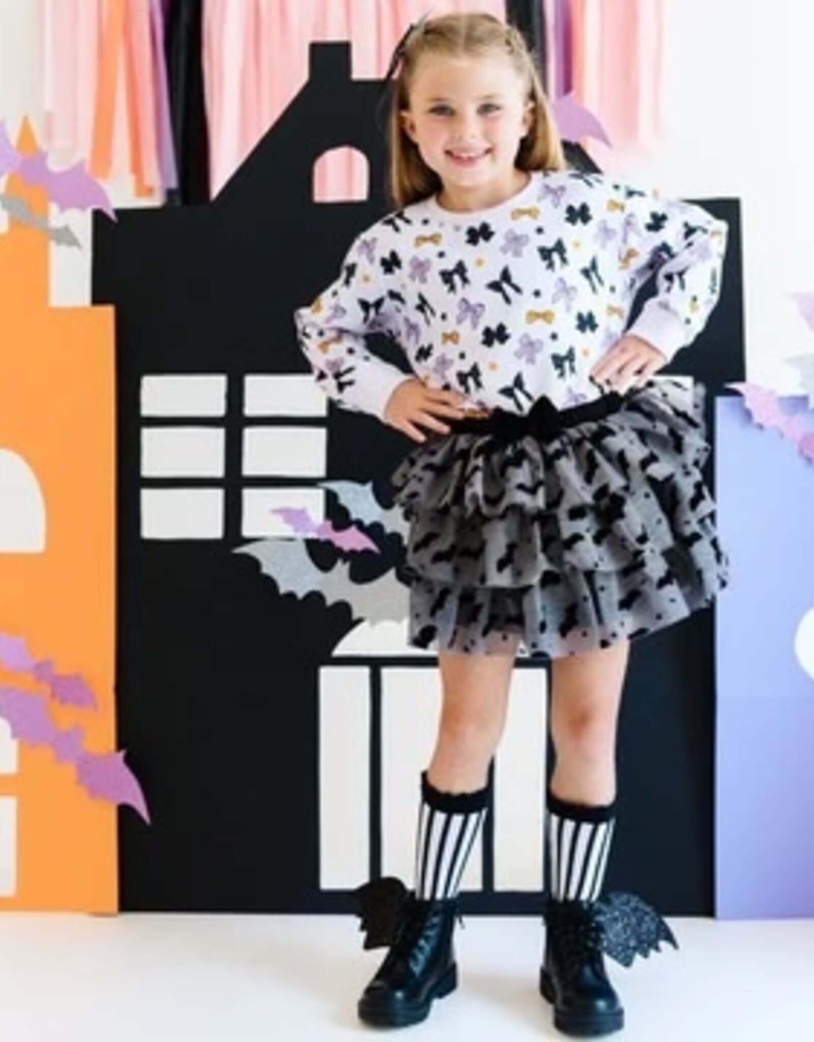 Flocked Bats Halloween Bow Tiered Tutu